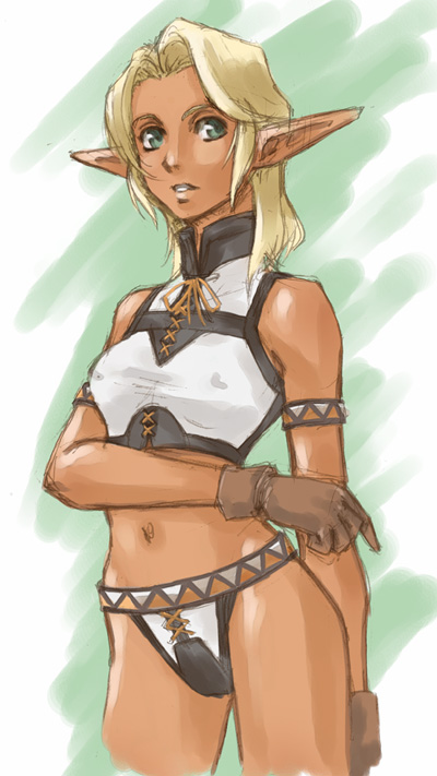elvaan, final fantasy, final fantasy xi, 00s, 1girl, blonde hair, bra, breasts, dark-skinned female, dark skin, elf, female focus, green eyes, lingerie, navel, nipples, panties, pointy ears, short hair, small breasts, solo, underwear, underwear only