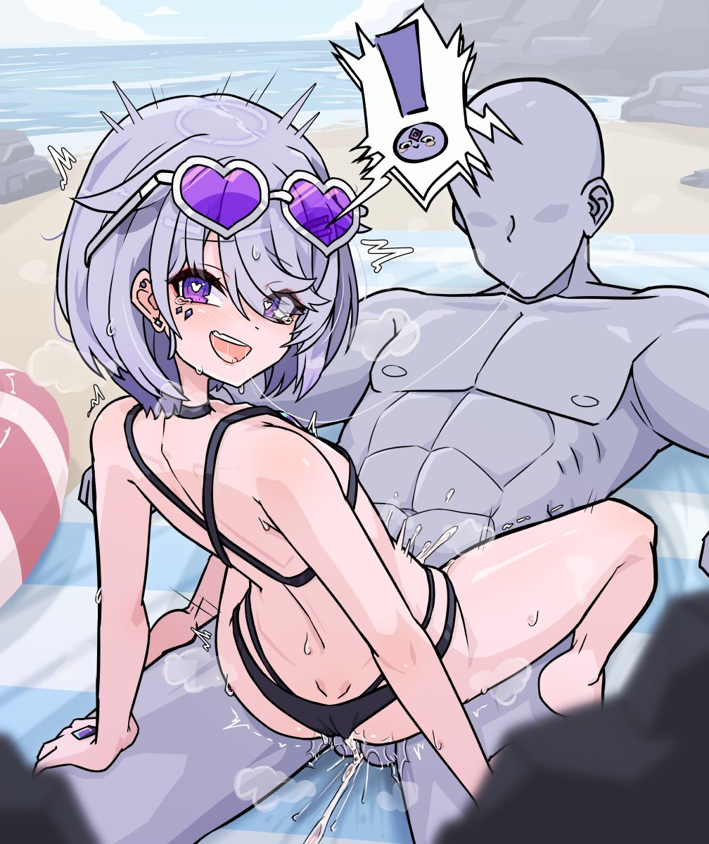 moral cacoethes, koseki bijou, pebble (koseki bijou), hololive, hololive english, highres, !, 1boy, 1girl, beach, bikini, black bikini, blue sky, cowgirl position, cum, cum in pussy, flat chest, girl on top, hair flaps, heart, heart-shaped pupils, jewel under eye, looking at viewer, looking back, muscular, muscular male, nude, ocean, open mouth, outdoors, purple eyes, purple hair, saliva, sex, short hair, sky, speech bubble, spoken exclamation mark, straddling, sunglasses, sunglasses on head, sweat, swimsuit, symbol-shaped pupils, tears, trembling, vaginal, virtual youtuber, water