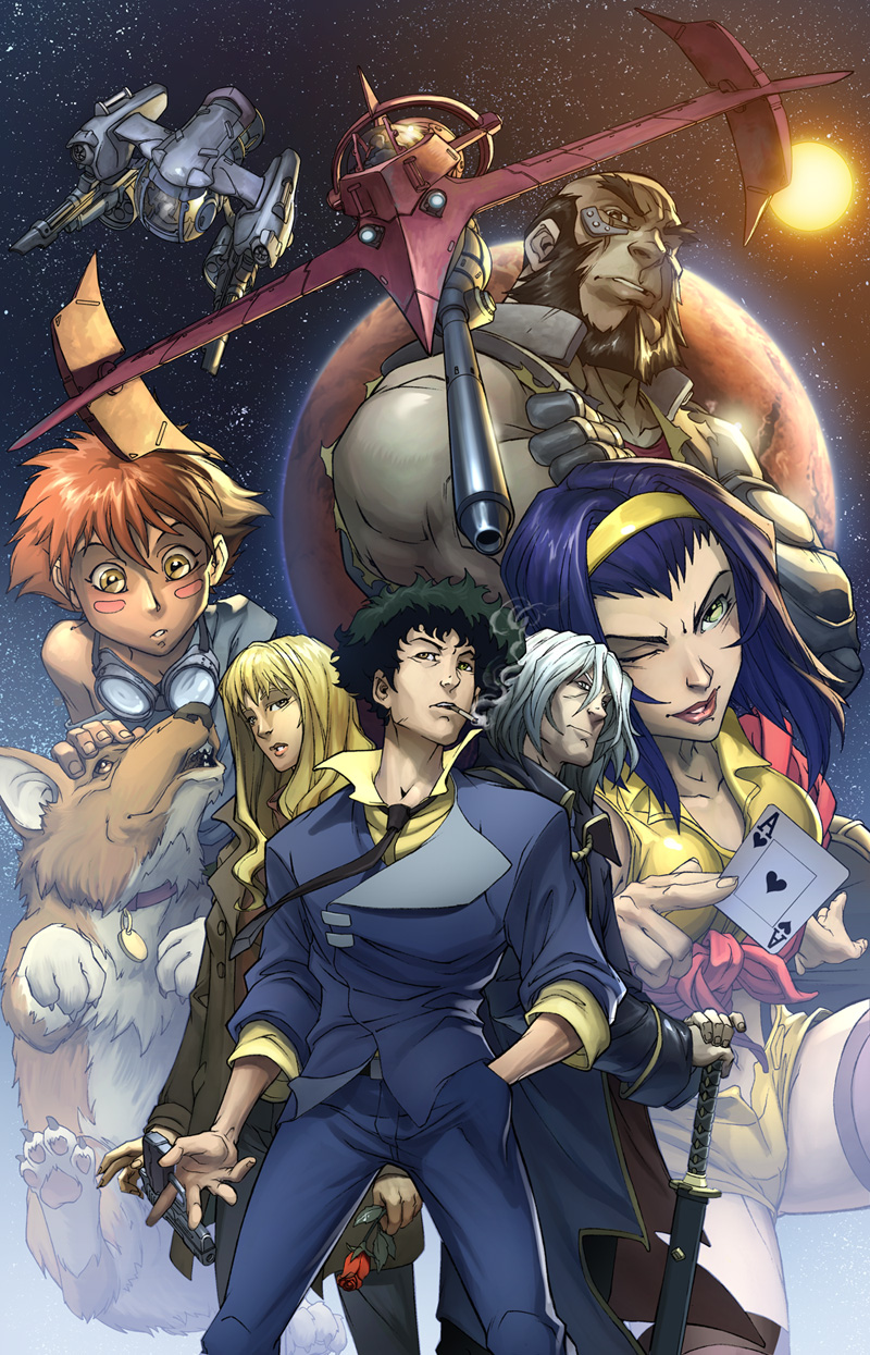 mark brooks, redtail, edward wong hau pepelu tivrusky iv, ein (cowboy bebop), faye valentine, jet black, julia (cowboy bebop), spike spiegel, swordfish ii, vicious (cowboy bebop), cowboy bebop, silver hair, bad deviantart id, bad id, highres, 1990s (style), 3boys, 3girls, ace (playing card), androgynous, beard, blonde hair, blush, blush stickers, brown hair, card, cigarette, collar, dog, everyone, facial hair, flower, flying, formal clothes, goggles, gun, hairband, handgun, heterochromia, holding, holding card, jacket, katana, mars (planet), midriff, multiple boys, multiple girls, necktie, one eye closed, planet, playing card, prosthesis, prosthetic arm, purple hair, retro artstyle, reverse trap, rose, shirt, shorts, smoking, space, spacecraft, star (symbol), suit, sun, sword, thighhighs, weapon, welsh corgi, wink, yellow shirt