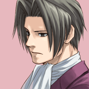 sato-pon, miles edgeworth, ace attorney, capcom, animated, animated gif, lowres, 1boy, ascot, black hair, curtained hair, formal clothes, grey eyes, male focus, solo, suit