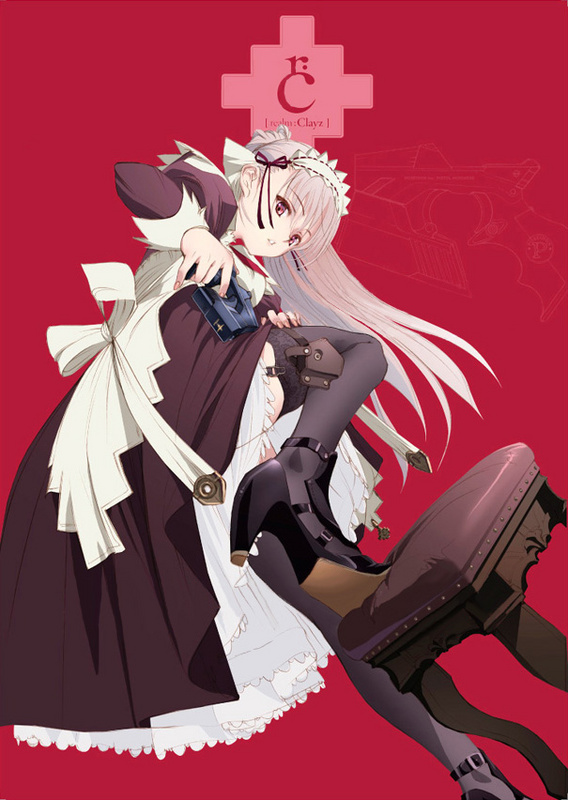 silver hair, black shoes, combat maid, grey thighhighs, gun, high heels, long hair, maid, red background, red eyes, shoes, simple background, solo, stool, thighhighs, weapon