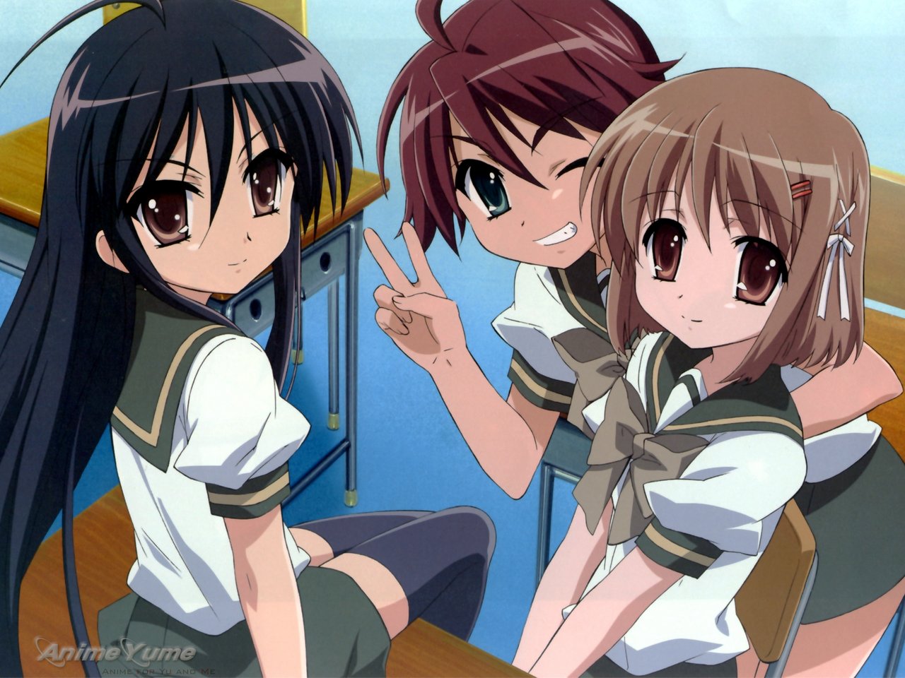 ogata matake, shana, yoshida kazumi, shakugan no shana, non-web source, 00s, desk, one eye closed, school uniform, v, watermark, wink