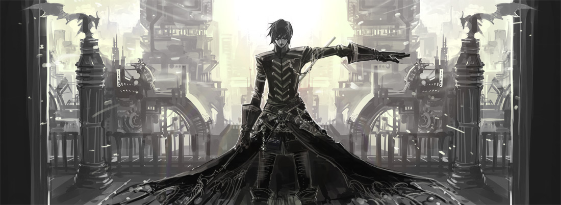 code geass, light, uniform, 00s, 1boy, black hair, building, chain, city, gloves, male focus, short hair, solo, statue