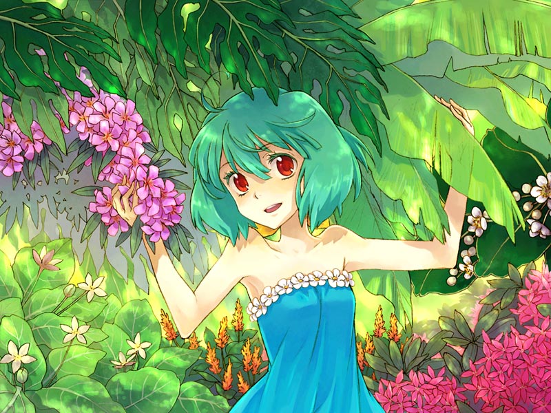 saikachi, saikachi (ogre tree), ranka lee, macross, macross frontier, 00s, 1girl, bare shoulders, female focus, flower, green hair, red eyes, short hair, solo