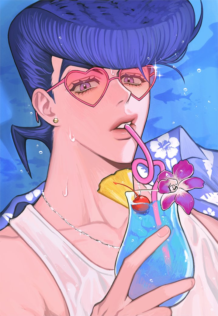 shuaitofu, higashikata josuke, diamond wa kudakenai, jojo no kimyou na bouken, commentary, symbol-only commentary, 1boy, blue background, cherry, crazy straw, cup, drink, drinking straw, earrings, flower, food, fruit, heart, heart-shaped eyewear, holding, holding cup, jewelry, looking at viewer, male focus, necklace, parted lips, pineapple, pineapple slice, pink-tinted eyewear, pompadour, portrait, purple eyes, shark, shirt, solo, stud earrings, sunglasses, sweat, tank top, tinted eyewear, tropical drink, wet, wet clothes, wet shirt