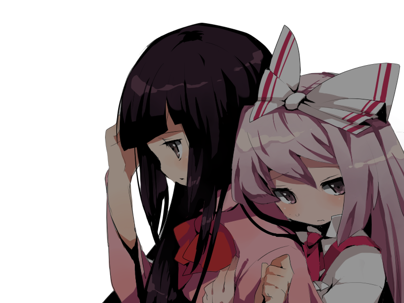 ichihaya, fujiwara no mokou, houraisan kaguya, touhou, 2girls, black hair, brown eyes, female focus, hair ribbon, hug, hug from behind, long hair, multiple girls, pink eyes, pink hair, ribbon, shy, simple background, upper body