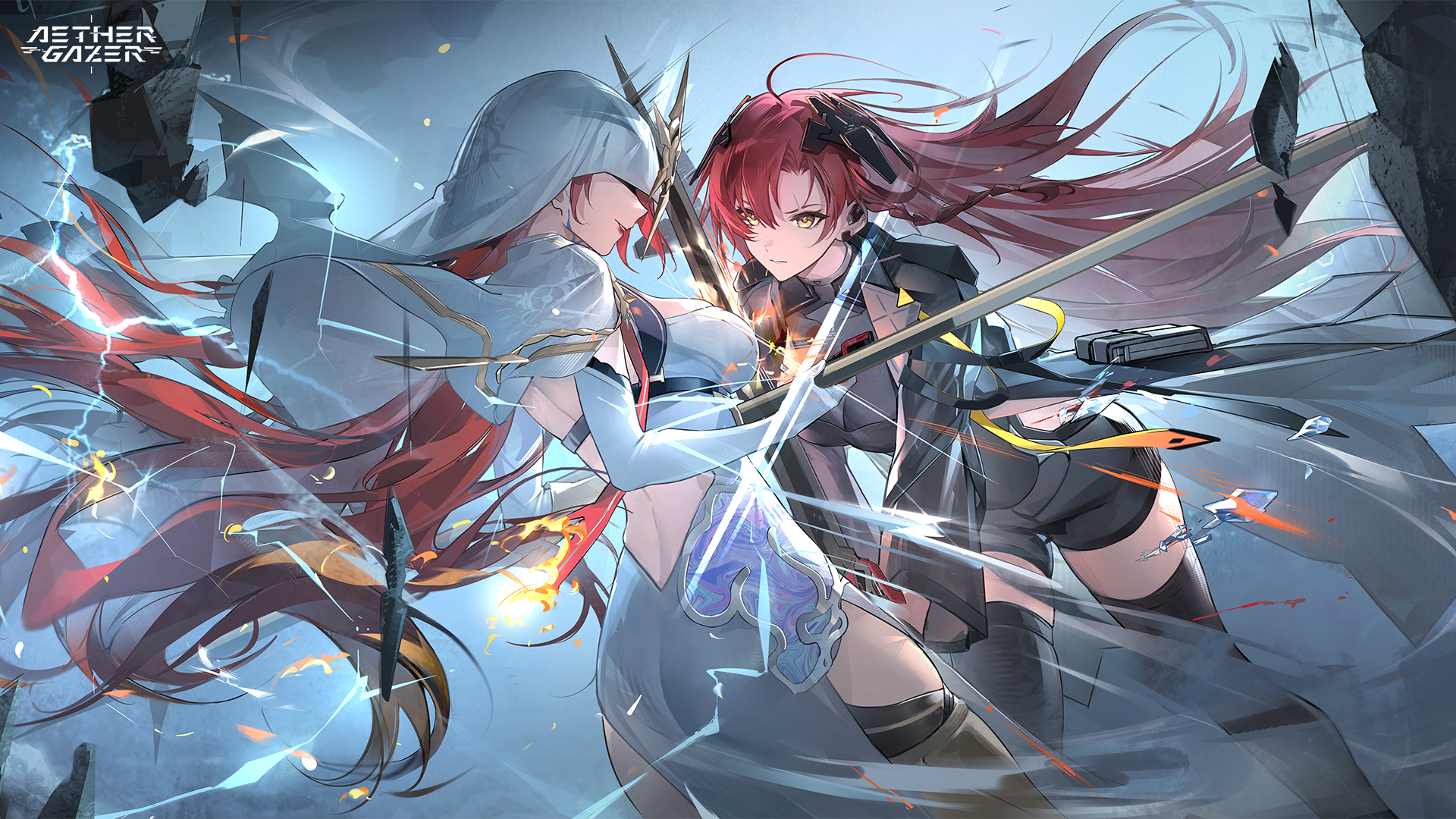 aether gazer, artist request, character request, highres, official art, second-party source, 2girls, black thighhighs, closed mouth, copyright name, dress, elbow gloves, gloves, holding, holding sword, holding weapon, long hair, long sleeves, median furrow, multiple girls, pouch, red hair, red lips, see-through cleavage, see-through clothes, sword, sword clash, thighhighs, weapon, white dress, white gloves, white hood, yellow eyes