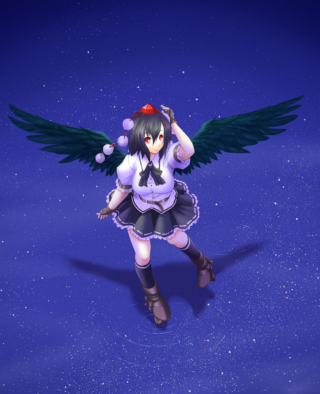 kinsenka, shameimaru aya, touhou, bad id, bad pixiv id, highres, 1girl, black hair, black wings, expressionless, female focus, fingerless gloves, geta, gloves, hat, looking at viewer, red eyes, short hair, solo, tengu-geta, water, wings