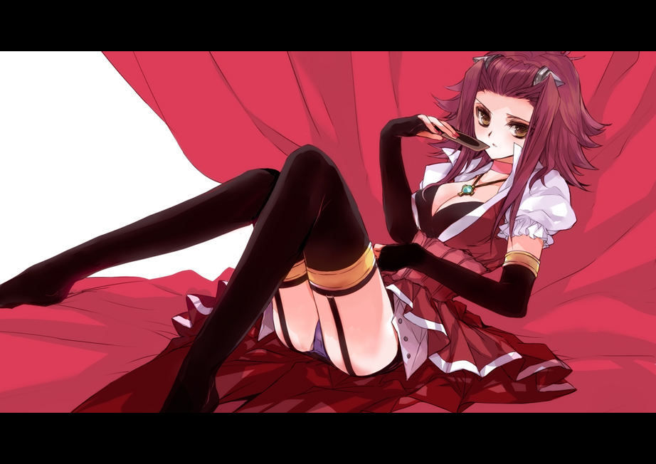 ni (2shi), izayoi aki, yu-gi-oh!, yu-gi-oh! 5d's, bad id, bad pixiv id, 00s, 1girl, black leggings, breasts, brown eyes, card, choker, cleavage, corset, dress, female focus, garter straps, gloves, holding, holding card, jewelry, leggings, letterboxed, lingerie, necklace, panties, purple hair, red hair, short hair, solo, thighhighs, underwear, upskirt