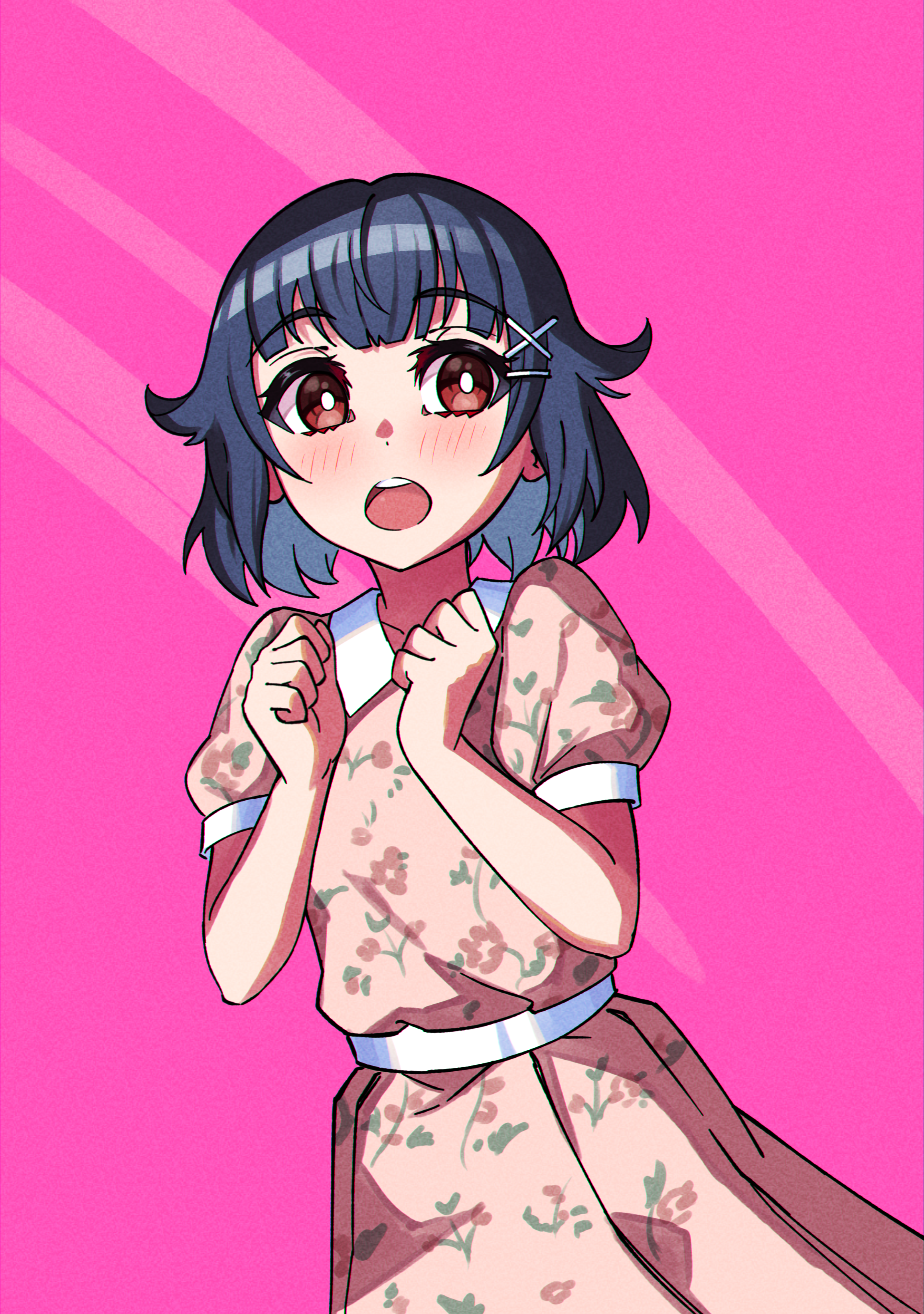 junji 17, ushigome rimi, bang dream!, absurdres, commentary, highres, 1girl, black hair, cowboy shot, dress, hair ornament, open mouth, pink background, pink dress, red eyes, short hair, short sleeves, solo, teeth, upper teeth only, x hair ornament