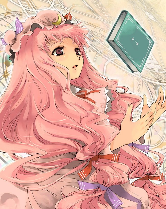 yuu (kfc), patchouli knowledge, touhou, 1girl, book, female focus, hat, long hair, magic circle, mob cap, purple hair, ribbon, solo, very long hair