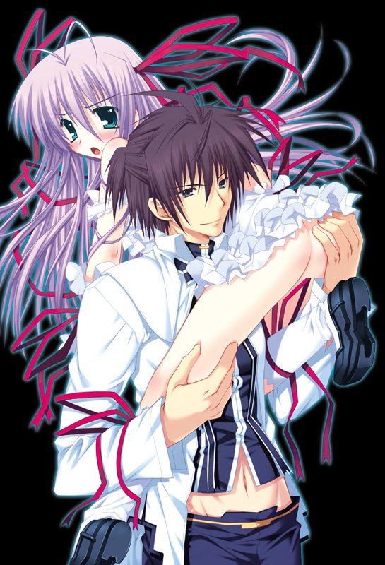 araiguma, al azif (demonbane), daijuuji kurou, demonbane, ass grab, bad id, bad pixiv id, 00s, ass, blue eyes, blush, hair ribbon, long hair, no panties, purple hair, ribbon