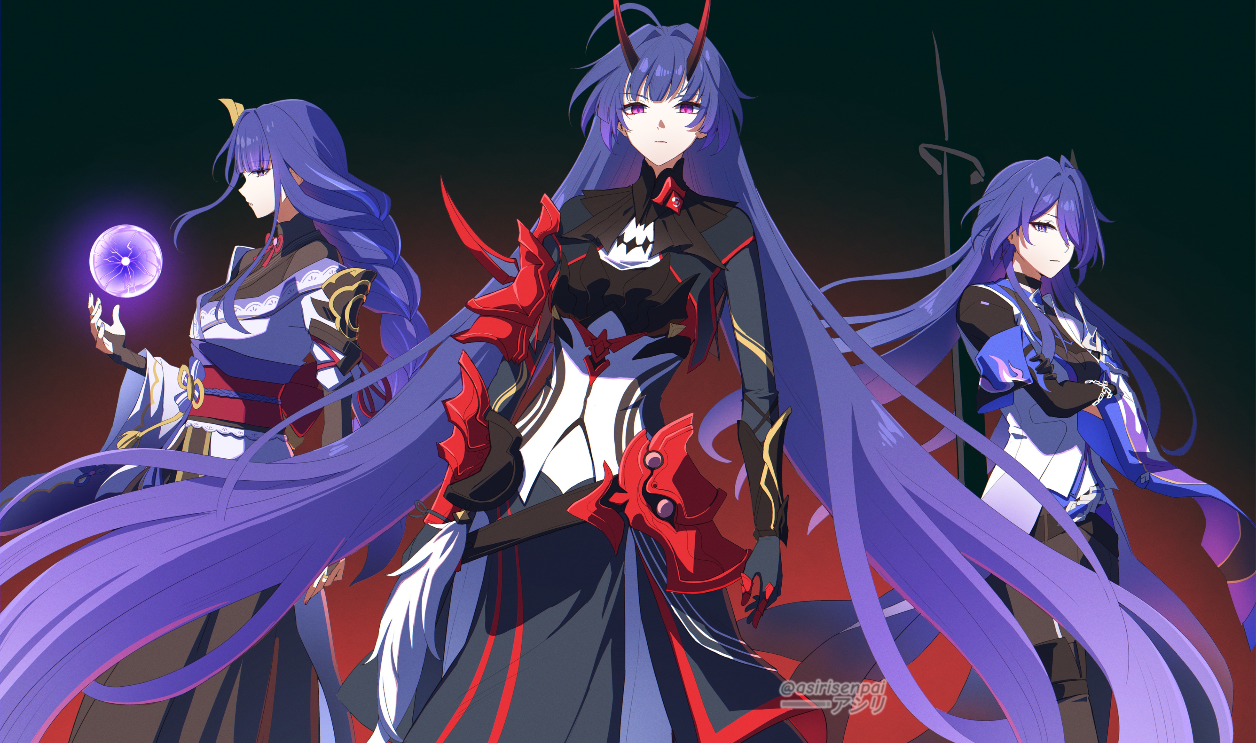 asiri senpai, acheron (honkai: star rail), raiden mei, raiden mei (herrscher of thunder), raiden shogun, sawashiro miyuki, genshin impact, honkai: star rail, honkai (series), honkai impact 3rd, mihoyo, absurdres, commentary, hashtag-only commentary, highres, 3girls, adapted costume, arm armor, armor, black bridal gauntlets, black dress, black gloves, black pants, black shirt, black skirt, braid, breasts, bridal gauntlets, chain, chain around arm, closed mouth, coat, crossed arms, crossover, dress, elbow gloves, gloves, gradient background, hair over one eye, hand up, horns, in-franchise crossover, japanese clothes, kimono, long hair, long skirt, looking at viewer, low-braided long hair, low-tied long hair, medium breasts, multiple crossover, multiple girls, name connection, orb, pants, purple eyes, purple hair, purple kimono, red background, red eyes, red horns, shirt, shoulder armor, single elbow glove, skirt, twitter username, very long hair, voice actor connection, white coat