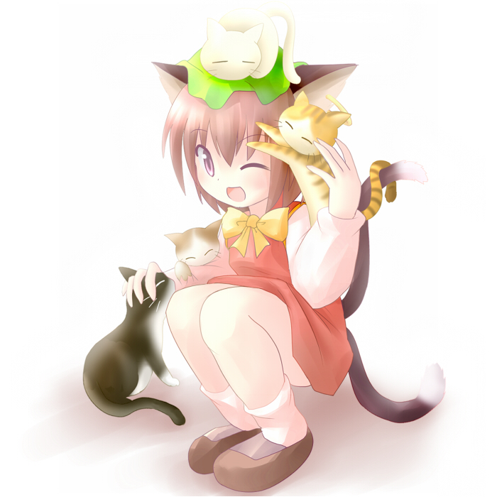 des (namaasi), chen, touhou, 1girl, animal, animal ears, animal on head, brown hair, cat, cat ears, cat on head, cat tail, dress, earrings, female focus, hat, jewelry, multiple tails, on head, one eye closed, purple eyes, short hair, smile, solo, tail, wink