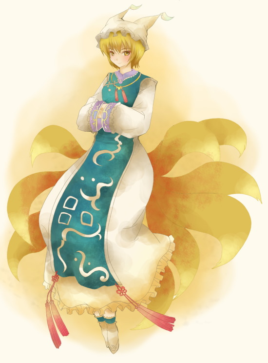 michii yuuki, yakumo ran, touhou, 1girl, animal hat, blonde hair, blush, dress, female focus, fox tail, full body, gradient background, hands in opposite sleeves, hat, long sleeves, mob cap, shoes, short hair, solo, tail, tassel, wide sleeves, yellow eyes