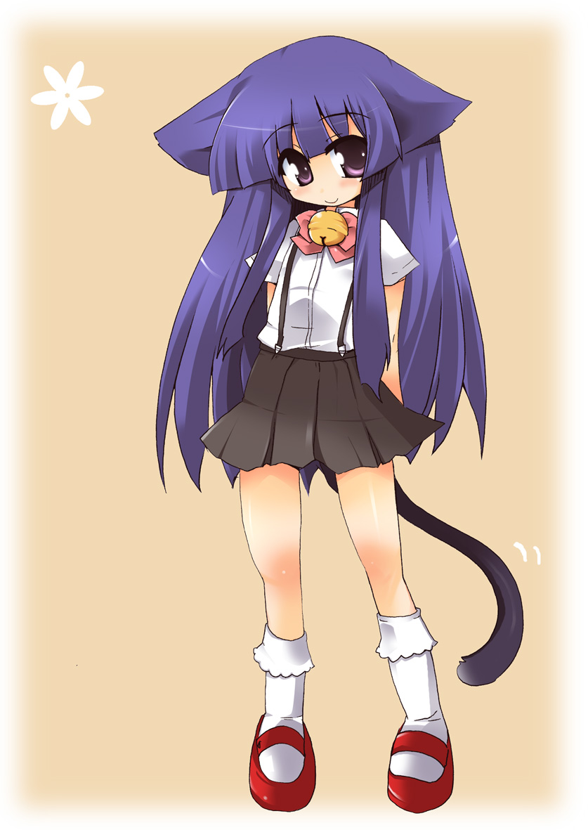 shirogane (platinum), furude rika, higurashi no naku koro ni, 00s, 1girl, animal ears, bell, blue hair, bow, cat ears, cat tail, female focus, long hair, pink bow, purple eyes, purple hair, skirt, smile, solo, suspender skirt, suspenders, tail