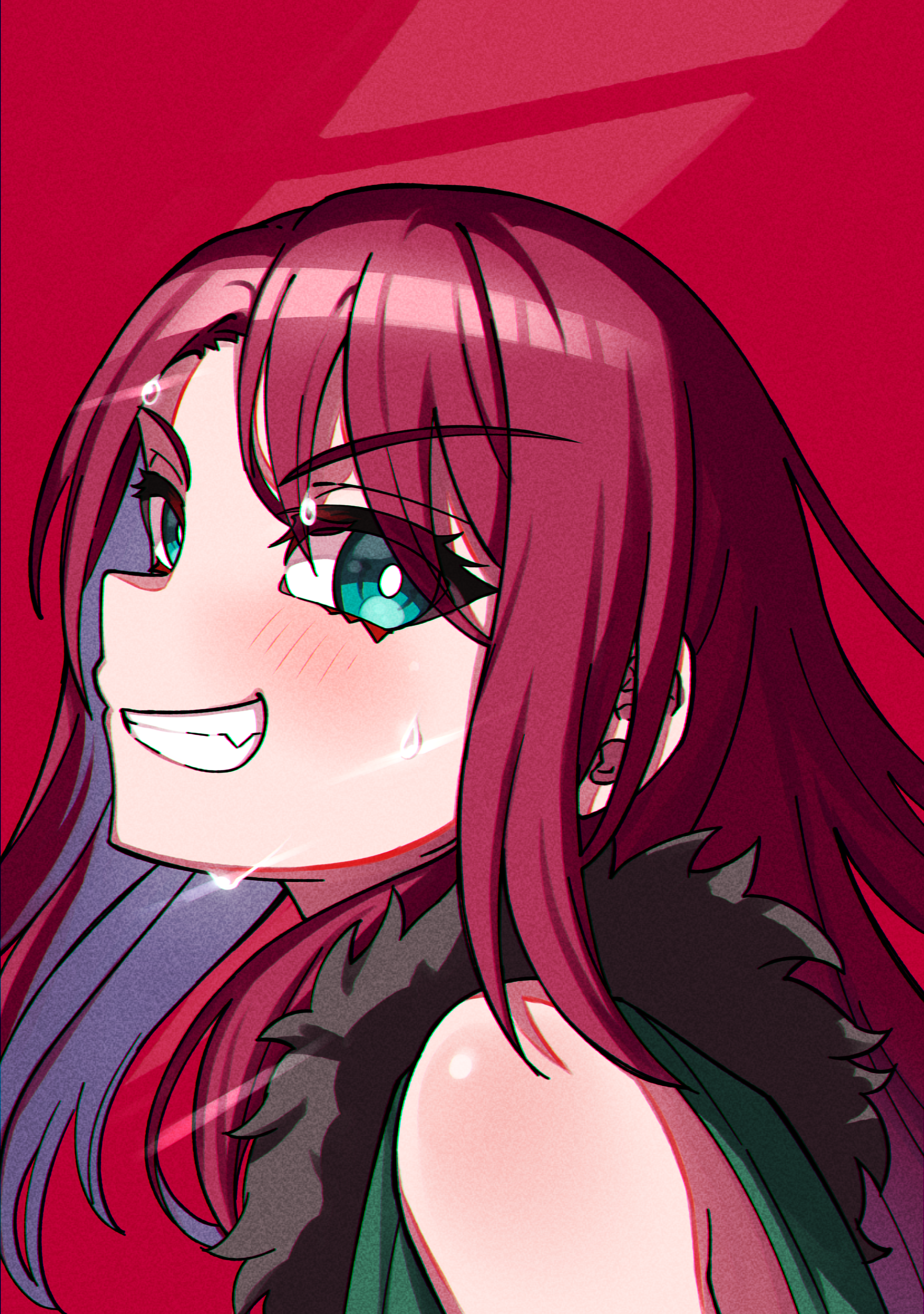 junji 17, udagawa tomoe, bang dream!, absurdres, commentary, highres, 1girl, blue eyes, blush, clenched teeth, long hair, red background, red hair, sidelocks, solo, sweat, teeth, upper body