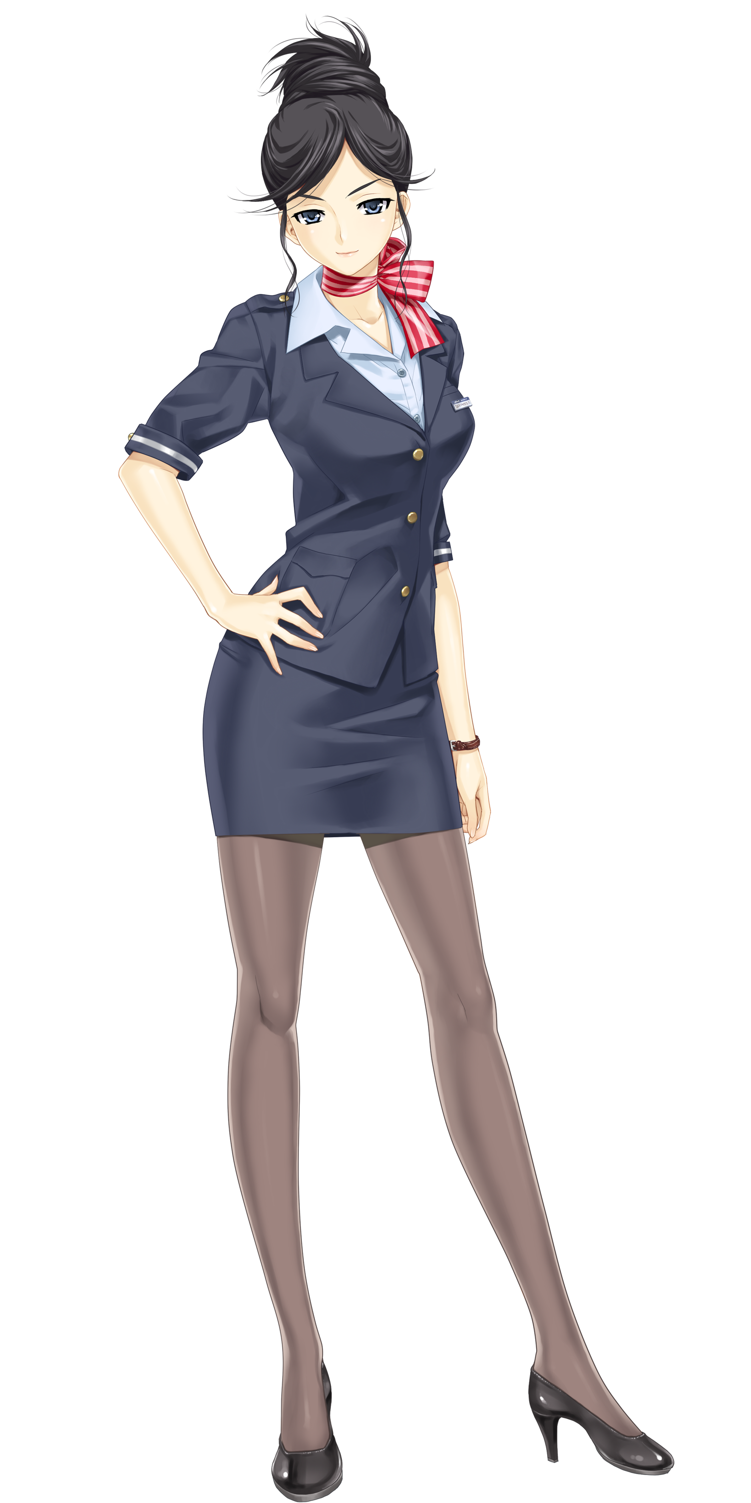 happoubi jin, kakisaki rei, zettai shougeki, absurdres, highres, 00s, 1girl, black hair, blue eyes, business suit, collarbone, female focus, flight attendant, formal clothes, full body, high heels, lips, pantyhose, pencil skirt, shoes, skirt, skirt suit, smile, solo, standing, suit, transparent background, travel attendant, watch