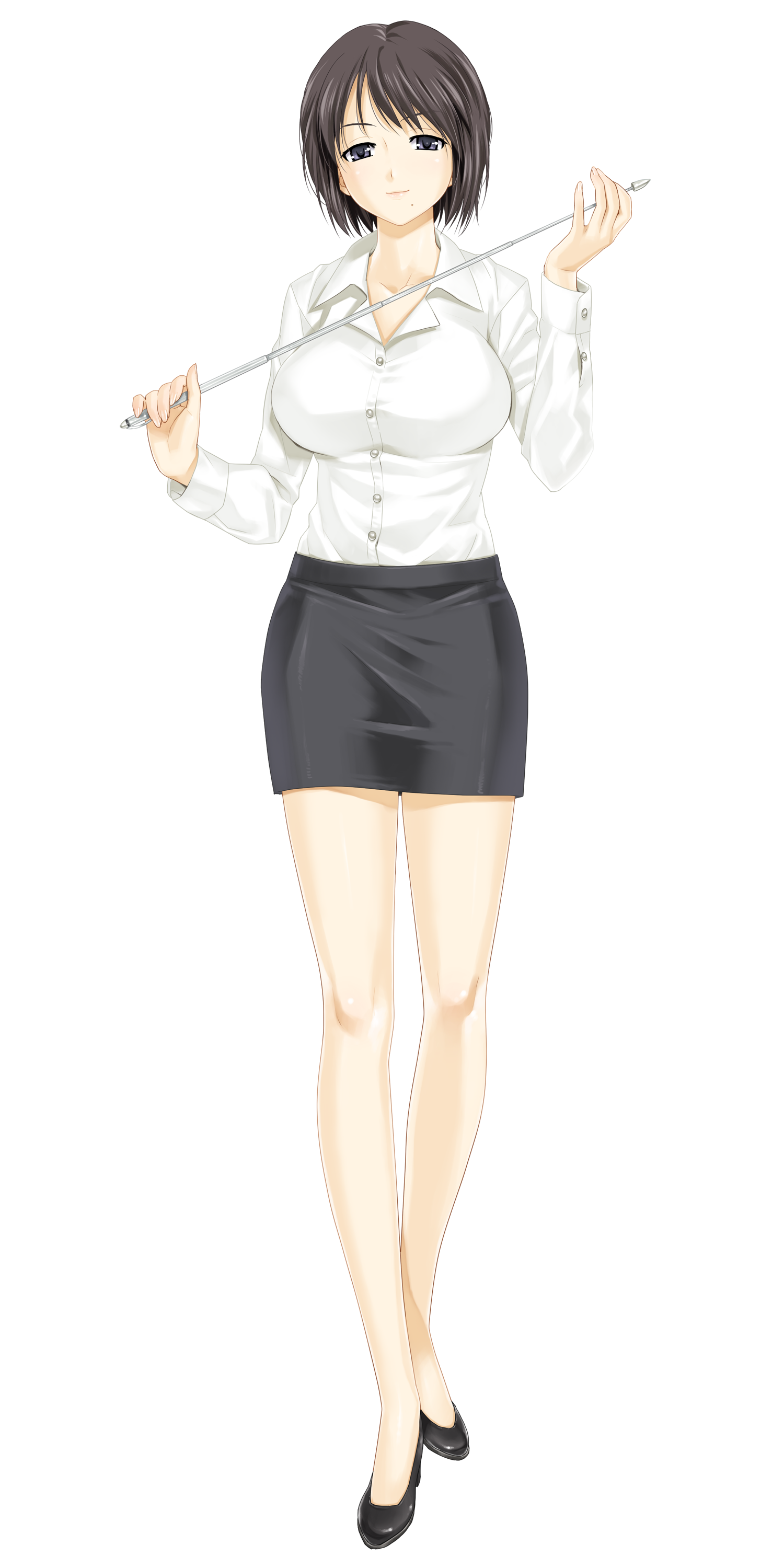 happoubi jin, suma azusa, zettai shougeki, absurdres, highres, 00s, 1girl, black hair, blue eyes, breasts, female focus, full body, high heels, large breasts, lips, miniskirt, mole, pencil skirt, pointer, shirt, shoes, short hair, skirt, smile, solo, standing, straight-on, teacher, thighs, transparent background