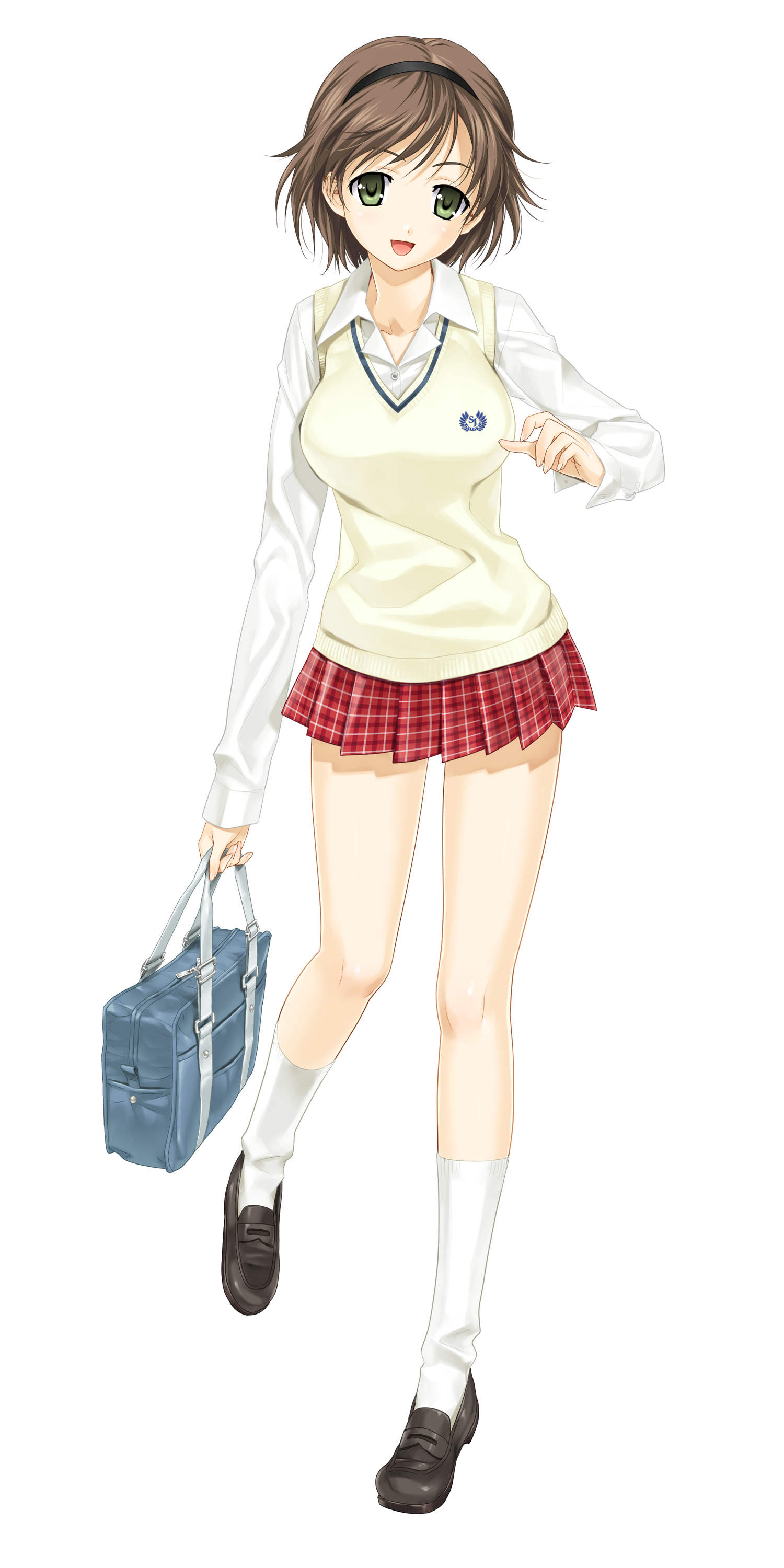 happoubi jin, honma natsume, zettai shougeki, absurdres, highres, non-web source, 00s, 1girl, :d, bag, breasts, brown hair, female focus, full body, green eyes, hairband, open mouth, plaid clothes, plaid skirt, running, school uniform, serafuku, shoes, short hair, skirt, smile, socks, solo, standing, thighs, transparent background