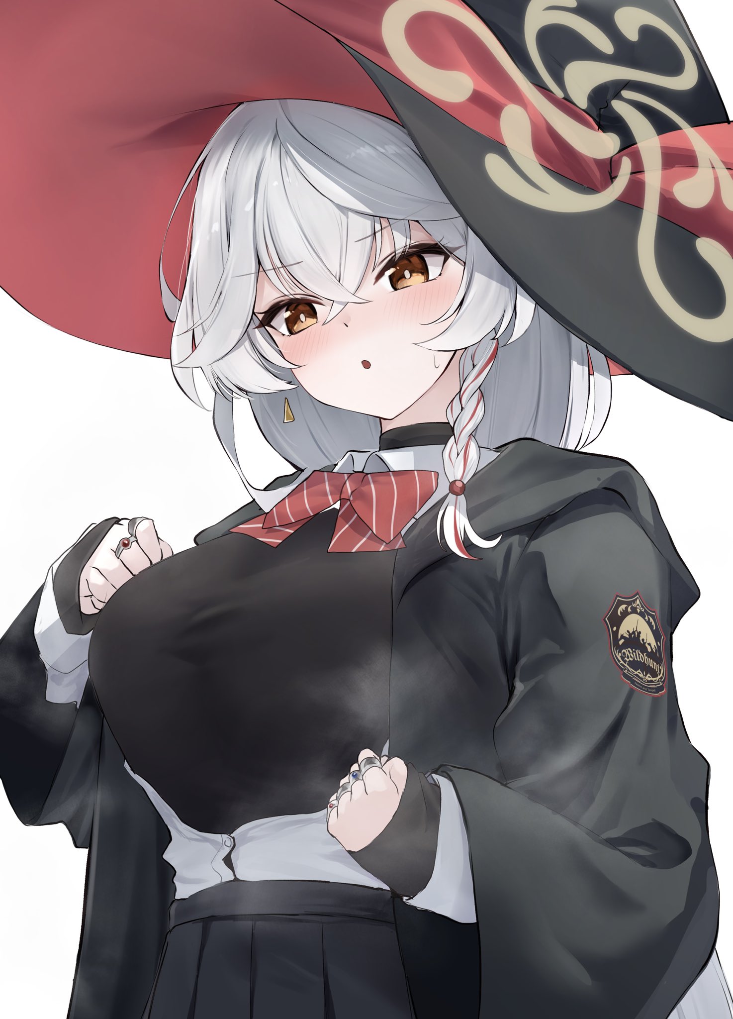 tol10131, eri (blue archive), blue archive, commentary request, highres, 1girl, black coat, black shirt, blush, book, bow, bowtie, braid, breasts, brown eyes, brown halo, center opening, coat, crossed bangs, diagonal-striped bow, hair between eyes, halo, hat, holding, holding book, hood, hood down, hooded coat, jewelry, large breasts, long hair, miniskirt, multiple rings, open clothes, open coat, open mouth, opened by self, red bow, red bowtie, ring, shirt, side halo, simple background, single braid, skirt, solo, striped bow, striped bowtie, striped clothes, tilted halo, turtleneck, turtleneck shirt, v-shaped eyebrows, white background, white hair, white shirt, witch hat