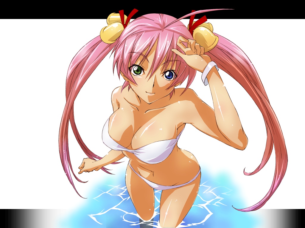 haruka shiya, kagurazaka asuna, mahou sensei negima!, 00s, 1girl, ahoge, bandeau, bell, bikini, blue eyes, bracelet, breasts, cleavage, female focus, green eyes, hair bell, hair ornament, heterochromia, jewelry, large breasts, long hair, lowleg, lowleg bikini, pink hair, smile, solo, strapless, swimsuit, tube top, twintails, very long hair, wading, water, white bikini