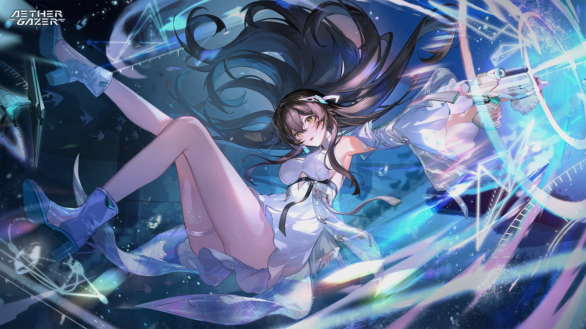 aether gazer, artist request, character request, highres, official art, second-party source, 1girl, arm strap, black hair, boots, breasts, copyright name, detached sleeves, dress, gun, hair ornament, high heel boots, high heels, holding, holding gun, holding weapon, long hair, open mouth, solo, thigh strap, weapon, white dress, white sleeves, yellow eyes