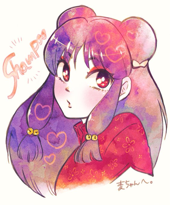 shampoo (ranma 1/2), ranma 1/2, 1girl, china dress, chinese clothes, double bun, dress, hair bun, makeup, purple hair, sidelocks, simple background, white background
