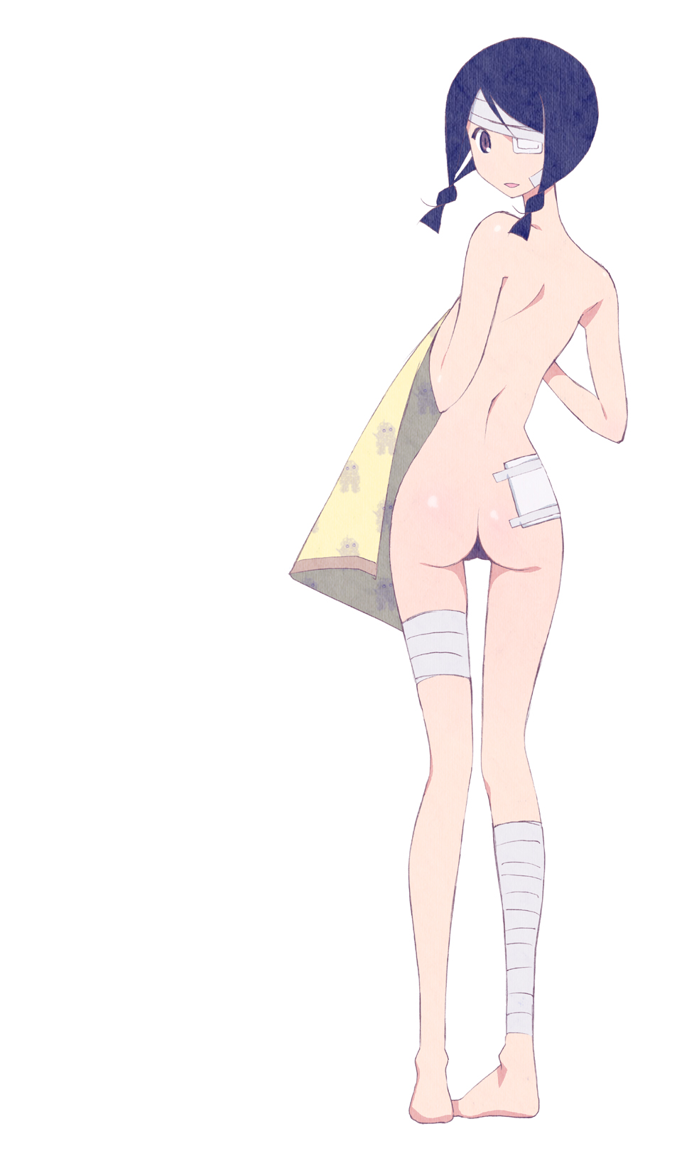 gapper, kobushi abiru, sayonara zetsubou sensei, bad id, bad pixiv id, highres, 00s, 1girl, ass, back, bandages, black hair, eyepatch, female focus, looking back, nude, short hair, solo, twintails
