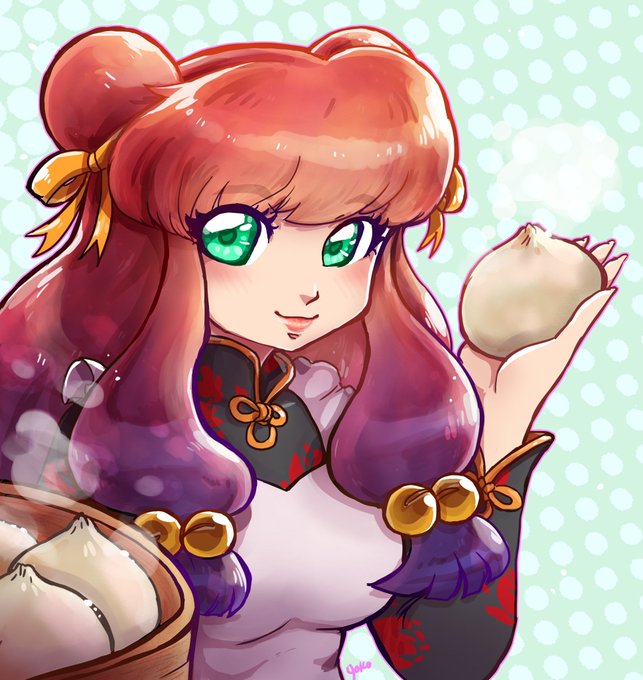 shampoo (ranma 1/2), ranma 1/2, 1girl, apron, chinese clothes, food, long hair, maid headdress, pink hair, sidelocks, steamed bun