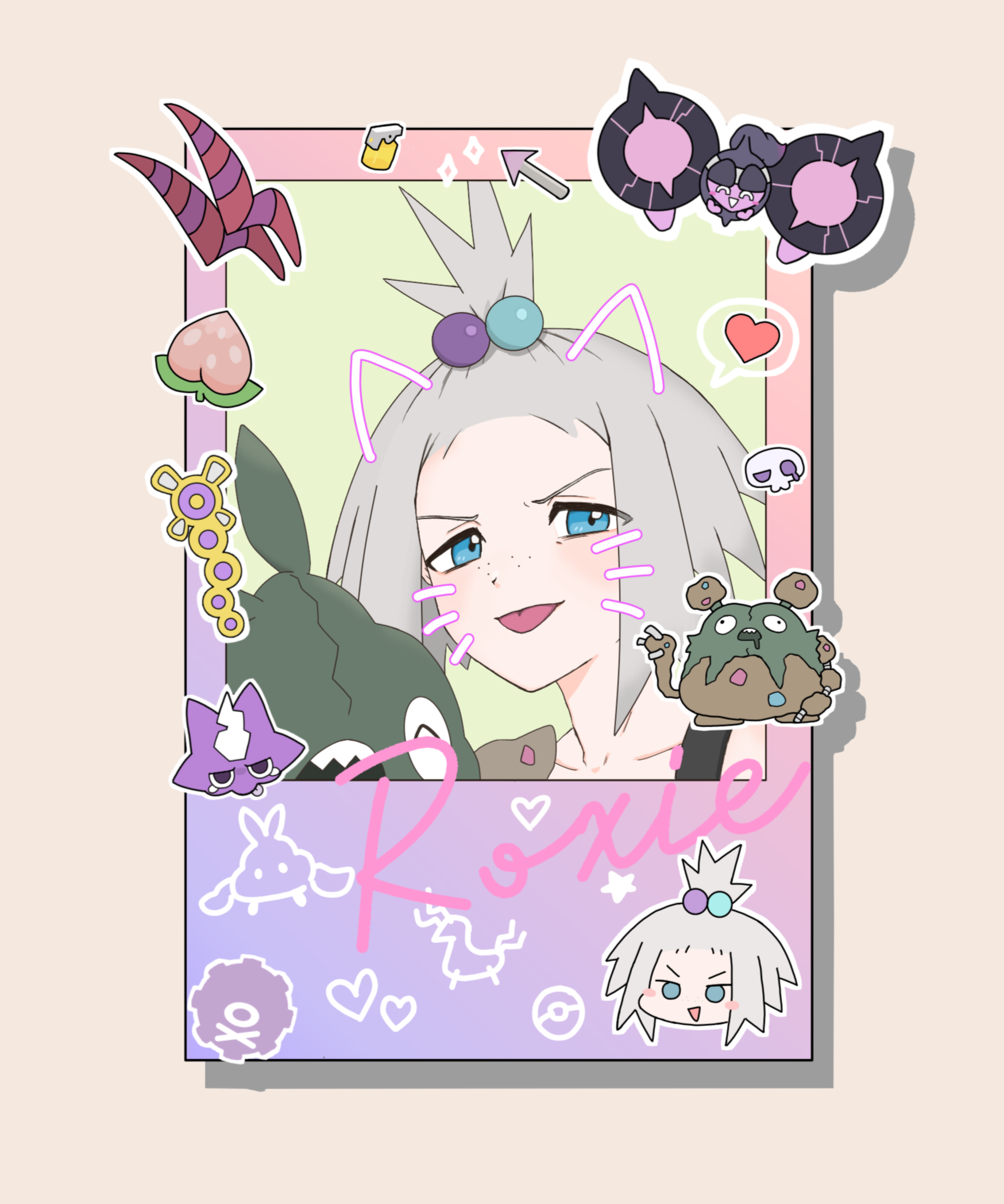 jiang jiang (swpv5248), garbodor, koffing, pecharunt, roxie (pokemon), scolipede, toxel, trubbish, nintendo, pokemon, pokemon bw2, commentary request, highres, 1girl, arrow (symbol), berry (pokemon), blue eyes, card, character name, collarbone, freckles, gen 1 pokemon, gen 5 pokemon, gen 8 pokemon, grey hair, hair bobbles, hair ornament, heart, looking at viewer, poke ball print, pokemon (creature), spoken heart, star (symbol), tongue, tongue out, topknot