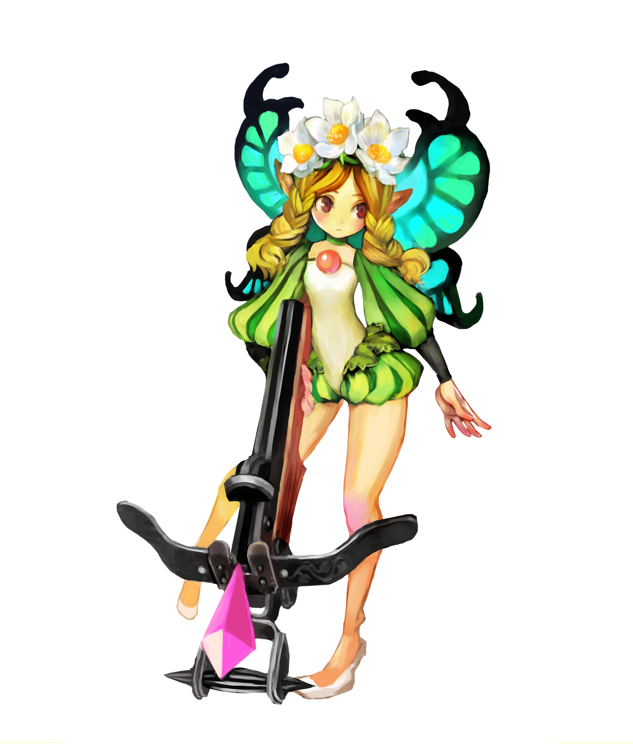 kamitani george, mercedes (odin sphere), odin sphere, absurdres, highres, official art, scan, 1girl, blonde hair, bow (weapon), braid, butterfly wings, crossbow, fairy, female focus, flower, full body, insect wings, puff and slash sleeves, puffy sleeves, red eyes, solo, twin braids, weapon, wings