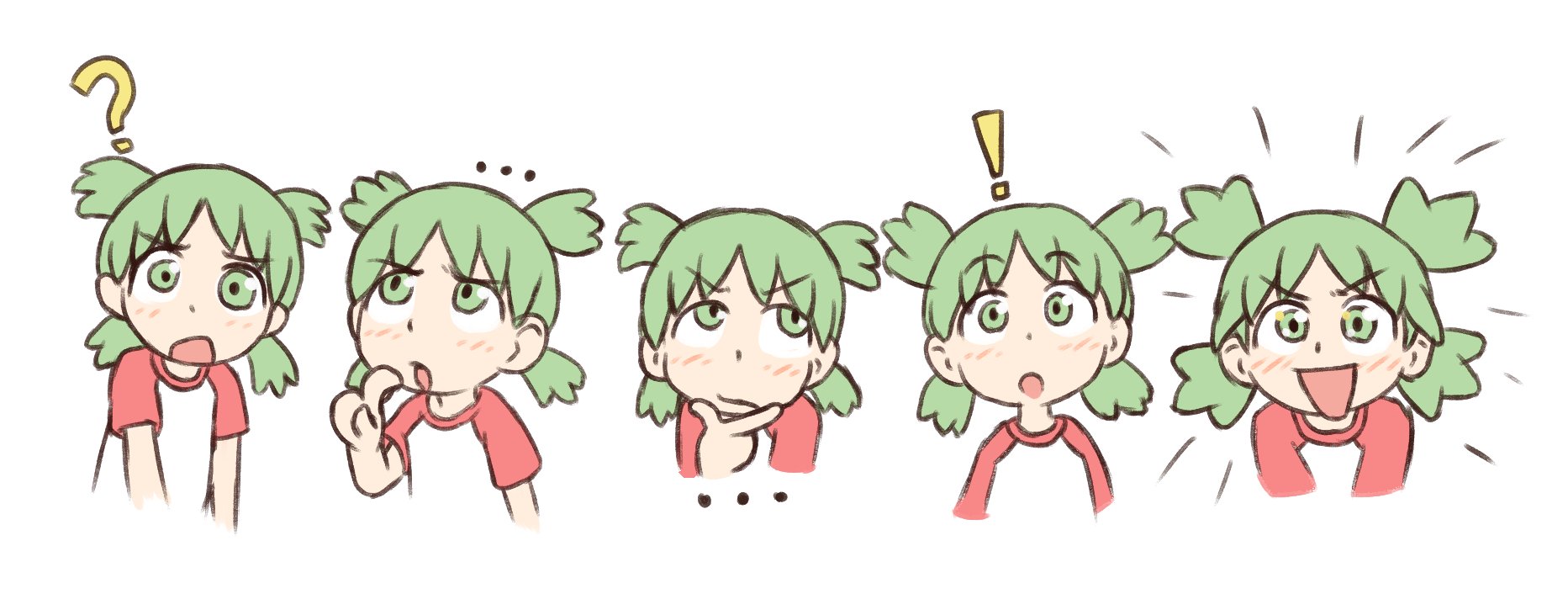 beachepisode, koiwai yotsuba, yotsubato!, commentary, english commentary, highres, !, …, 1girl, :d, :o, ?, blush, cropped torso, dot nose, green eyes, green hair, hand on own chin, index finger raised, multiple views, open mouth, quad tails, raglan sleeves, red sleeves, shirt, short sleeves, simple background, smile, t-shirt, thinking, white background, white shirt