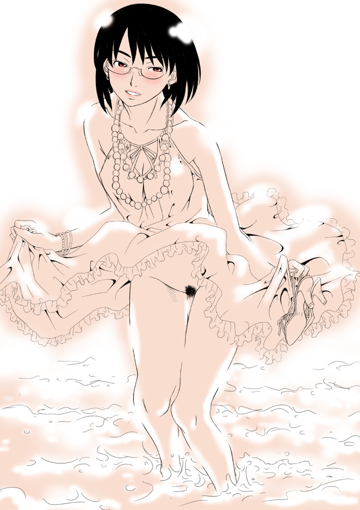 gusu, original, 1girl, black hair, blush, clothes lift, dress, dress lift, female focus, female pubic hair, glasses, jewelry, monochrome, necklace, no panties, ocean, orange eyes, pearl necklace, pink theme, pubic hair, red eyes, sepia, short hair, solo, uncensored, water, wind, wind lift