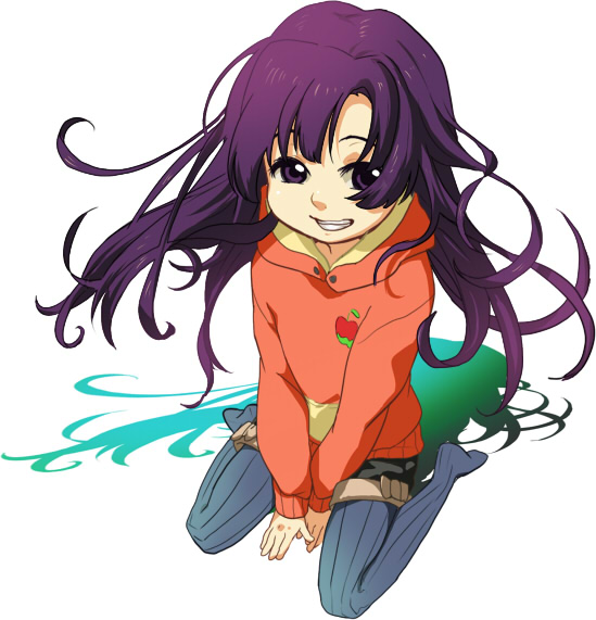 kanan (karehane), kuhouin murasaki, kure-nai, kurenai, 00s, 1girl, female focus, food, grin, kneeling, long hair, purple eyes, purple hair, shorts, sitting, smile, solo, steamed bun, thighhighs, wariza