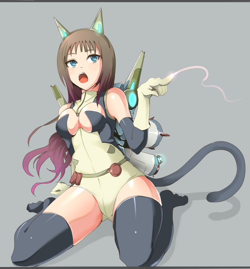 kasai shin, original, bad id, bad pixiv id, 1girl, animal ears, blue eyes, brown hair, elbow gloves, fang, female focus, gloves, kneeling, long hair, open mouth, robot ears, solo, tail, thighhighs