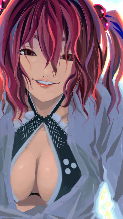 hino tomoyuki, onozuka komachi, touhou, 1girl, bra, breasts, cleavage, female focus, hair between eyes, halterneck, lingerie, simple background, smile, solo, swimsuit, swimsuit under clothes, underwear, upper body