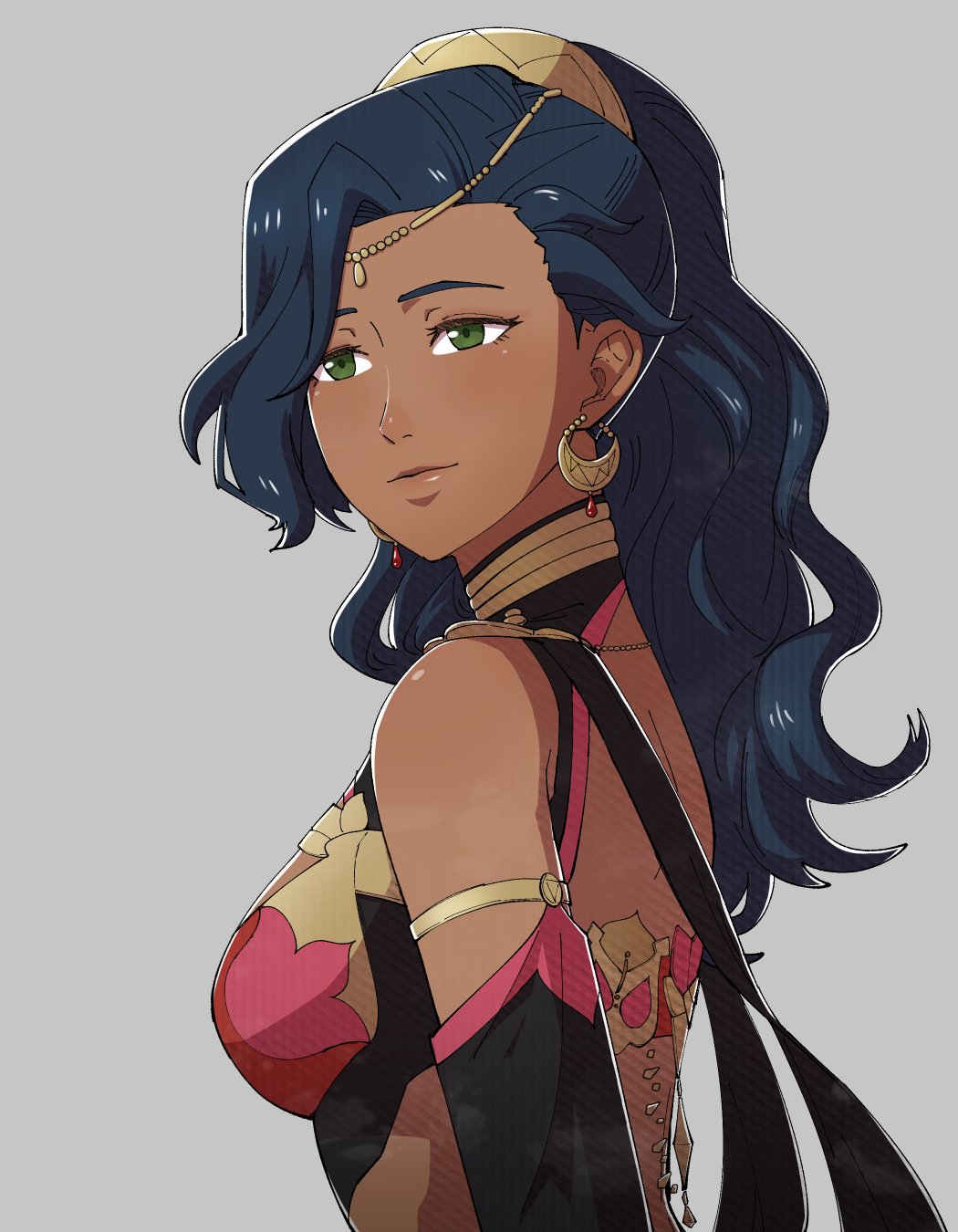 jael dub, leda (fire emblem), fire emblem, fire emblem: fortune's weave, nintendo, commentary, english commentary, highres, 1girl, bare shoulders, blue hair, breasts, dark-skinned female, dark skin, earrings, green eyes, grey background, jewelry, long hair, looking at viewer, medium breasts, ponytail, simple background, smile, solo