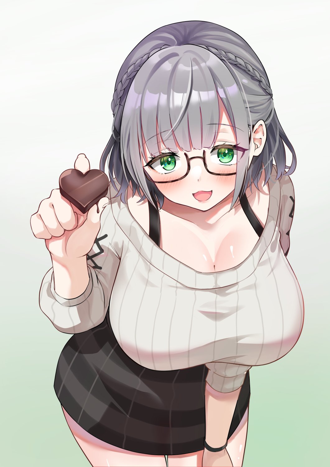 shirogane noel, shirogane noel (casual), hololive, commentary request, highres, 1girl, black-framed eyewear, black skirt, blush, braid, breasts, candy, chocolate, chocolate heart, cowboy shot, crown braid, food, glasses, gradient background, green background, green eyes, grey hair, grey sweater, heart, heart-shaped food, holding, holding chocolate, holding food, incoming food, large breasts, leaning forward, looking at viewer, open mouth, short hair, skirt, smile, solo, sumida yuuki, sweater, valentine, virtual youtuber, wristband