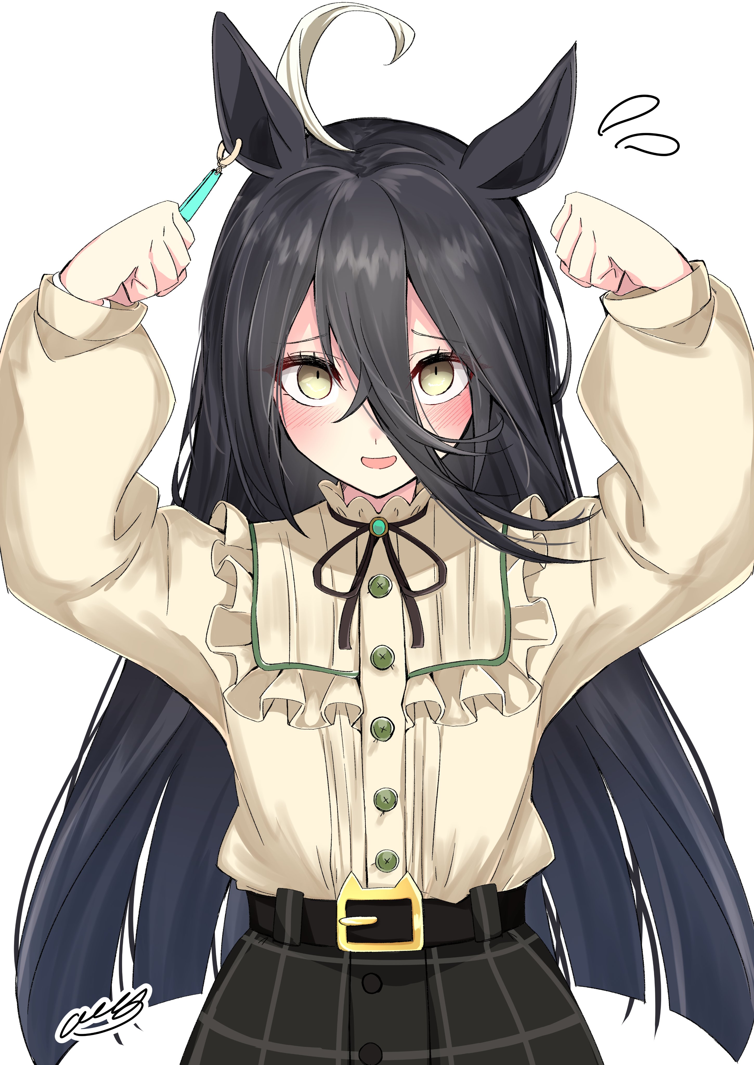 amaxa, manhattan cafe (umamusume), umamusume, absurdres, highres, 1girl, animal ears, black hair, ear tag, hair between eyes, horse ears, horse girl, long bangs, long hair between eyes, long sleeves, simple background, skirt, solo, upper body, white background, yellow eyes