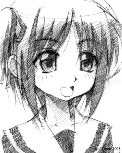 gofu, nekomiya nono, yotsunoha, lowres, traditional media, 00s, greyscale, monochrome, sketch, solo