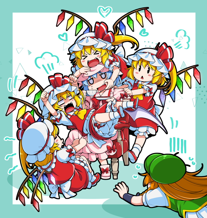eichi yuu, flandre scarlet, hong meiling, remilia scarlet, touhou, commentary request, > <, 6+girls, ascot, back bow, blonde hair, bloomers, blue hair, blush stickers, boots, bow, braid, chair, clone, collared shirt, crystal, crystal wings, cup, fangs, four of a kind (touhou), frilled shirt collar, frills, green hat, hat, hat ribbon, heart, holding, holding cup, holding plate, long hair, mob cap, multicolored wings, multiple girls, on chair, on head, one side up, open mouth, orange hair, person on head, pink boots, pink hat, pink shirt, pink skirt, plate, pointy ears, puff of air, red ascot, red bow, red eyes, red shoes, red skirt, red vest, ribbon, shirt, shoes, siblings, sisters, sitting, sitting on lap, sitting on person, skirt, skirt set, sleeve bow, socks, sweat, teacup, triangle mouth, underwear, vest, white bloomers, white bow, white hat, white socks, wings, yellow ascot