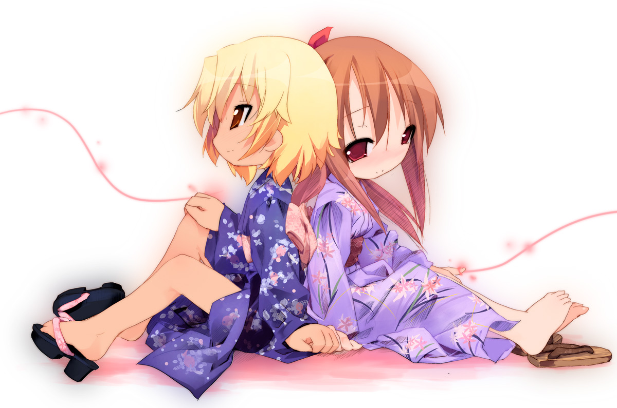 kuroba u, nagamori yamato, yasaka kou, lucky star, original, 00s, 2girls, barefoot, blonde hair, child, feet, japanese clothes, kimono, multiple girls, orange hair, sandals, yukata