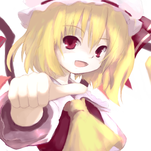 tsubasa (abchipika), flandre scarlet, touhou, lowres, 1girl, blouse, collared shirt, fang, female focus, foreshortening, hair between eyes, hat, mob cap, shirt, smile, solo, white hat, white shirt, wings