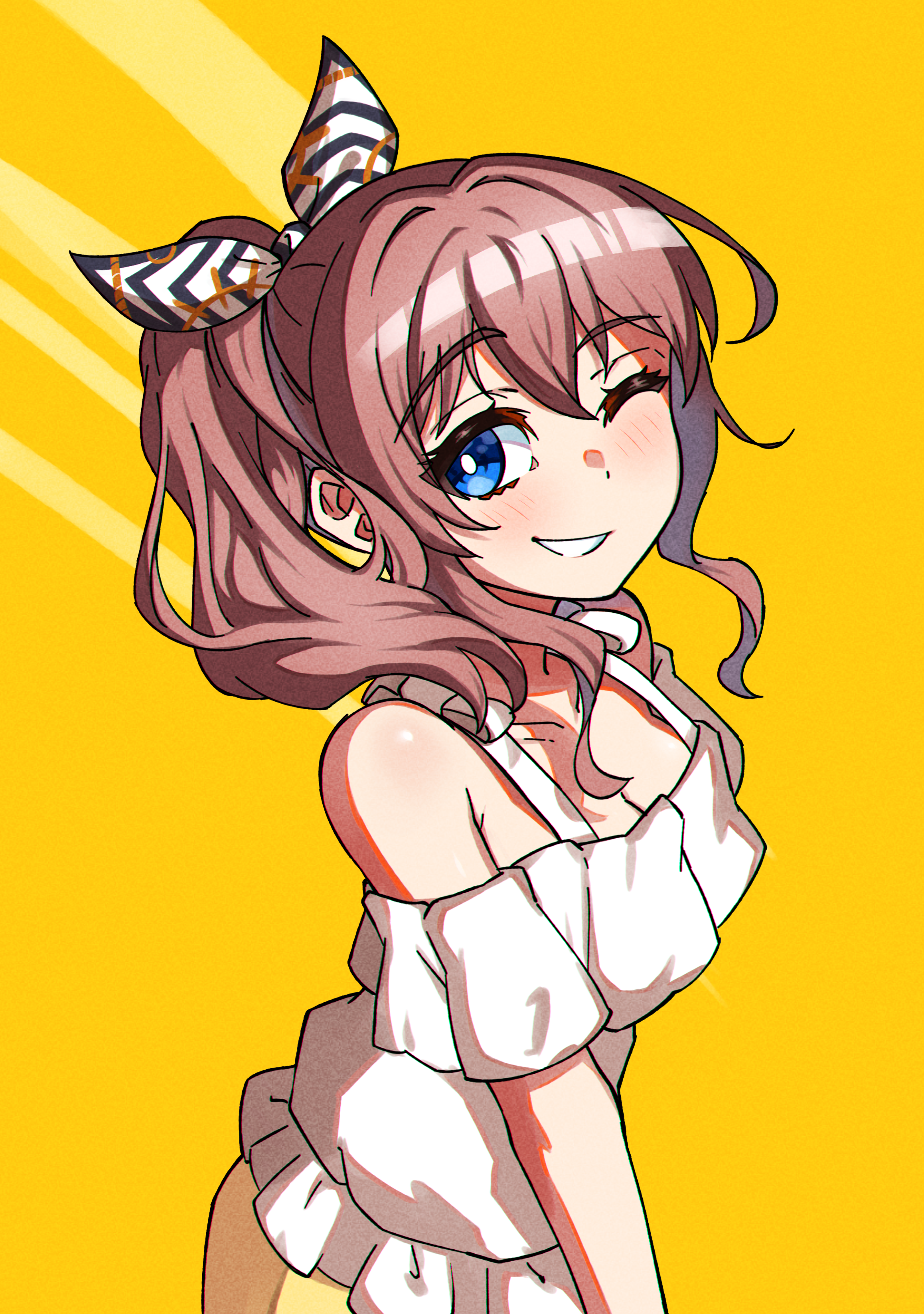 junji 17, yamabuki saya, bang dream!, absurdres, commentary, highres, 1girl, blue eyes, blush, breasts, brown hair, cleavage, hair between eyes, long hair, off-shoulder shirt, off shoulder, one eye closed, open mouth, ponytail, shirt, solo, white shirt, yellow background
