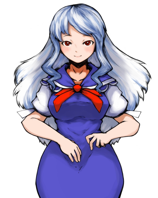 laboto, kamishirasawa keine, touhou, 1girl, female focus, long hair, multicolored hair, red eyes, simple background, solo, standing, two-tone hair, white background