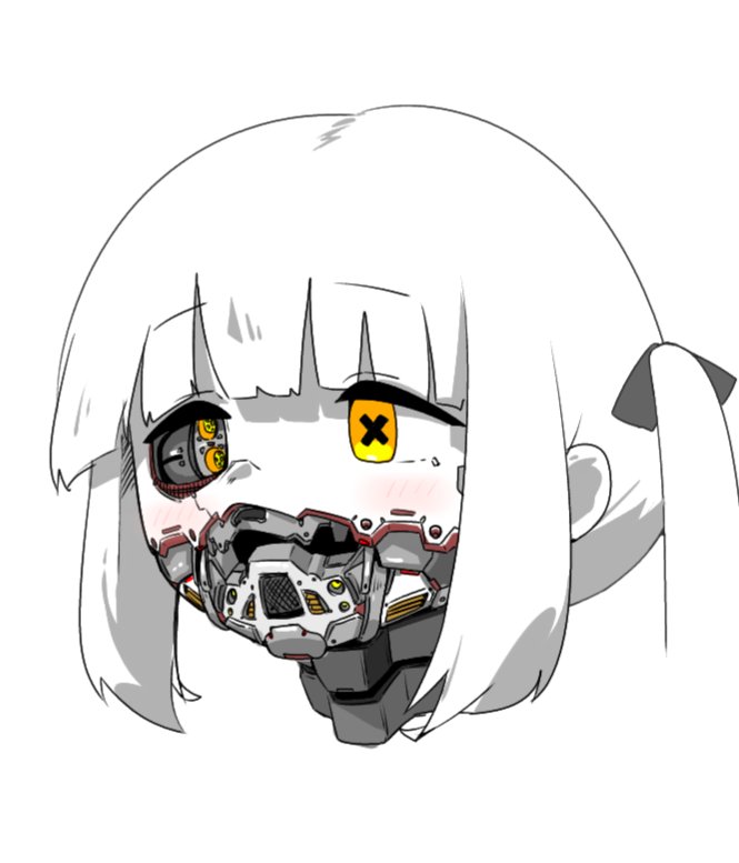 karukan2552, ein (blue archive), blue archive, 1girl, colored skin, simple background, solo, symbol-shaped pupils, twintails, white background, white hair, white skin, x-shaped pupils, yellow eyes