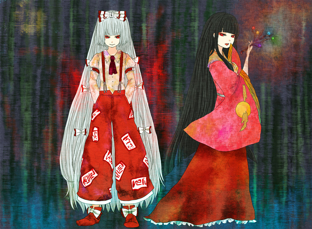 chiri (o9o9), fujiwara no mokou, houraisan kaguya, touhou, silver hair, 2girls, black hair, blunt bangs, female focus, full body, long sleeves, looking at viewer, multiple girls, ofuda, pants, red eyes, red skirt, sidelocks, skirt, standing, suspenders, wide sleeves