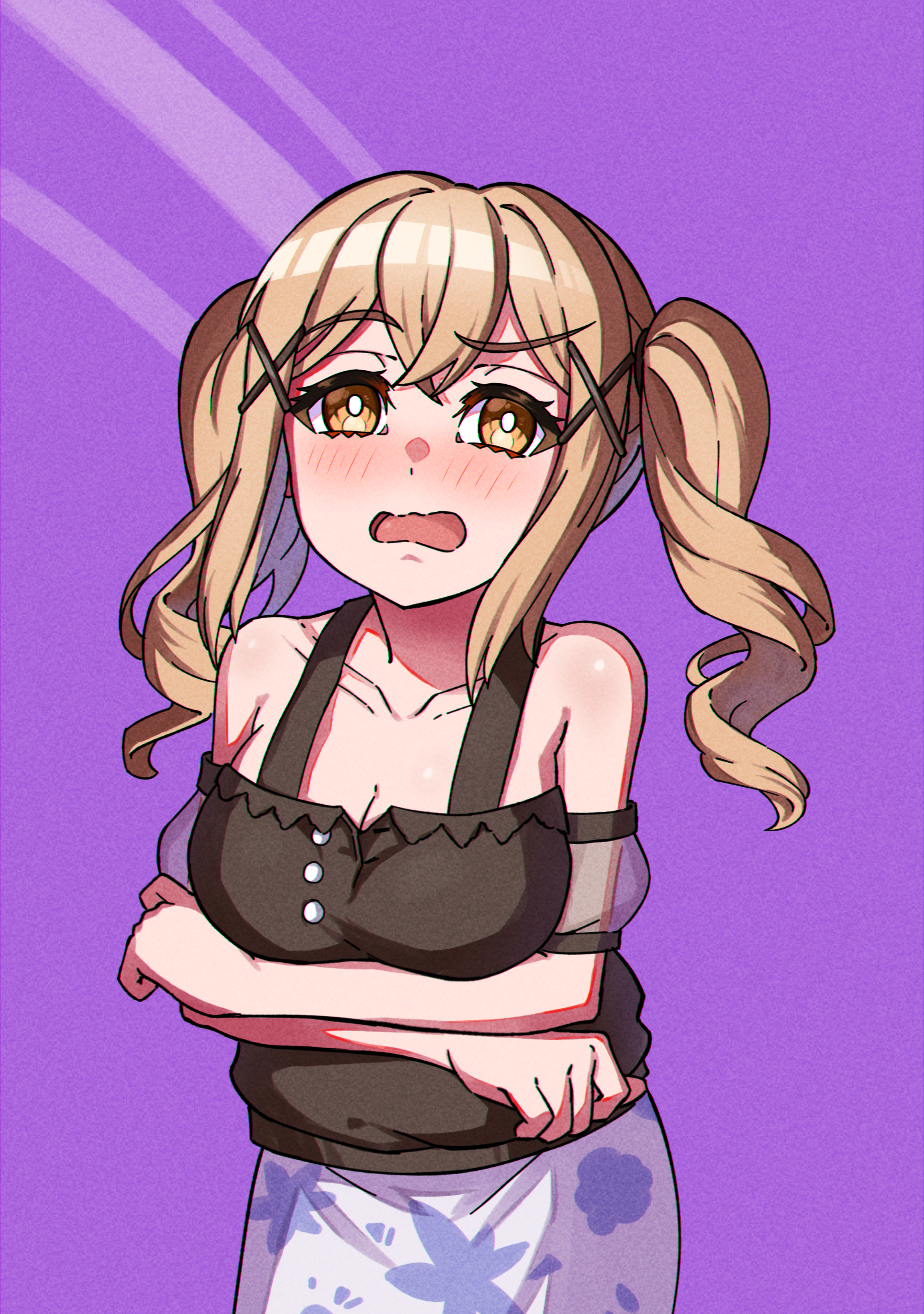 junji 17, ichigaya arisa, bang dream!, absurdres, commentary, highres, 1girl, black shirt, blush, breasts, brown eyes, brown hair, cleavage, collarbone, detached sleeves, hair ornament, large breasts, long hair, open mouth, purple background, shirt, solo, twintails, x hair ornament