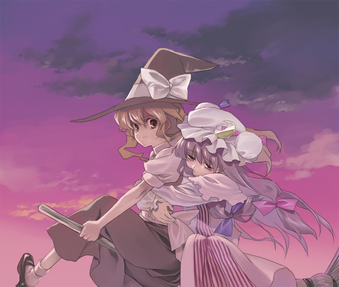 amakura, kirisame marisa, patchouli knowledge, touhou, tired, photoshop (medium), 2girls, blonde hair, broom, broom riding, cloud, crescent hat ornament, evening, female focus, hair ribbon, hat, hat ornament, hug, hug from behind, multiple girls, multiple riders, purple hair, ribbon, sidesaddle, skirt, sky, sunset, twilight, witch, witch hat